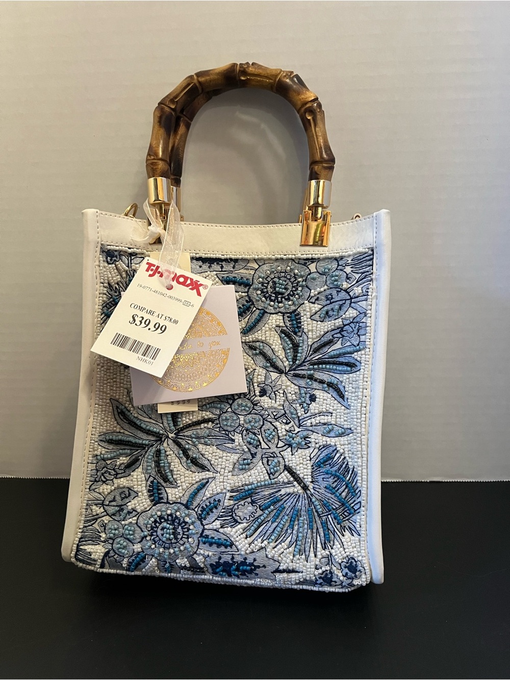 White Floral Beaded Tote with Bamboo-Style Handle